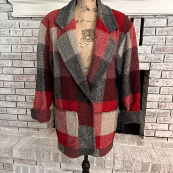 Vintage Express French Country Womens Wool Blend Plaid Blazer Jacket Red Gray XS - Picture 1 of 12